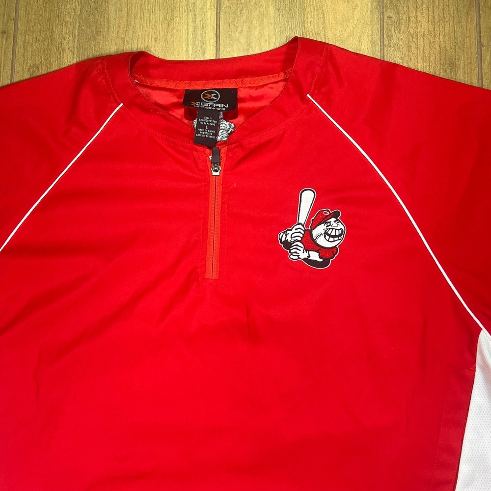 X-Grain Mens Red Baseball Mascot Quarter Zip Short Sleeve Windshirt Large